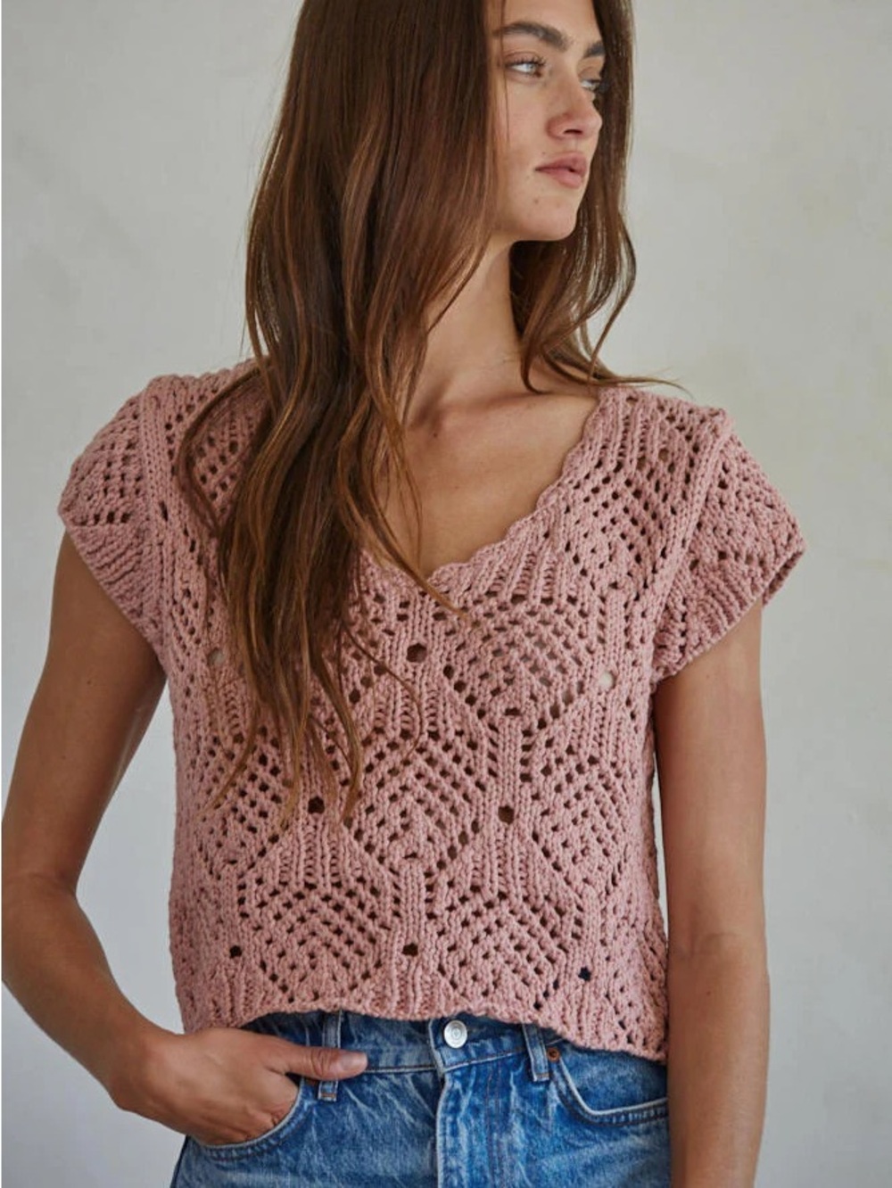 Free People Beach Blush Pink Crochet Knit Top